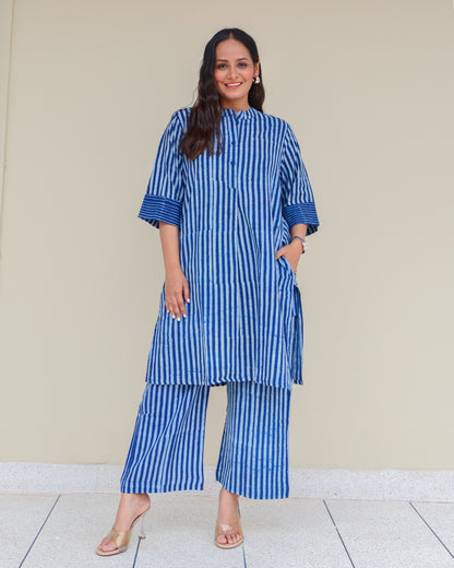 June Indigo Dabu HandBlock Stripes Print Cotton Kurta Set