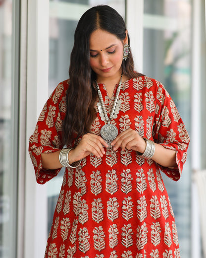 Durga Red HandBlock Print Kurta Set