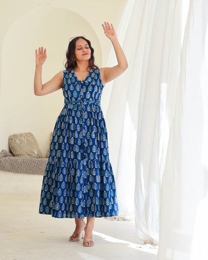 Zoey Indigo HandBlock Dabu Print Tiered Midi Dress