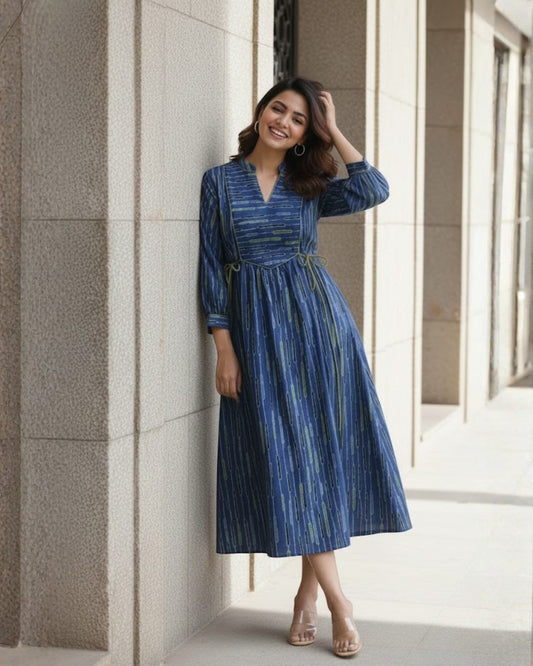 Skye Blue Tie-up Fit and Flare A-line Midi Dress
