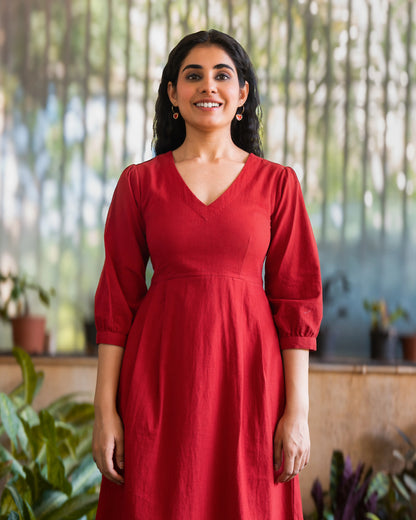 Emma Red Cotton Midi Dress