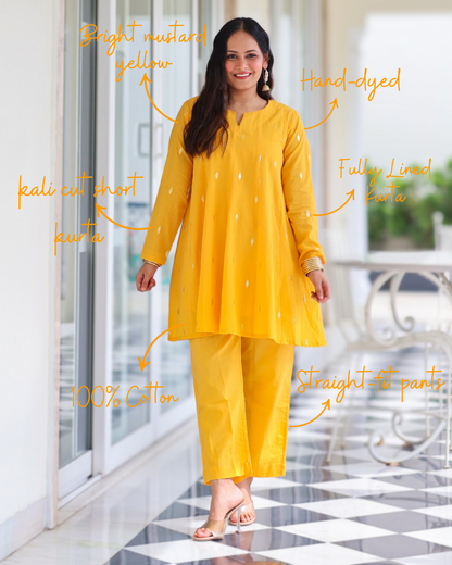 Kesar Yellow Cotton Lurex Short Kurta Set