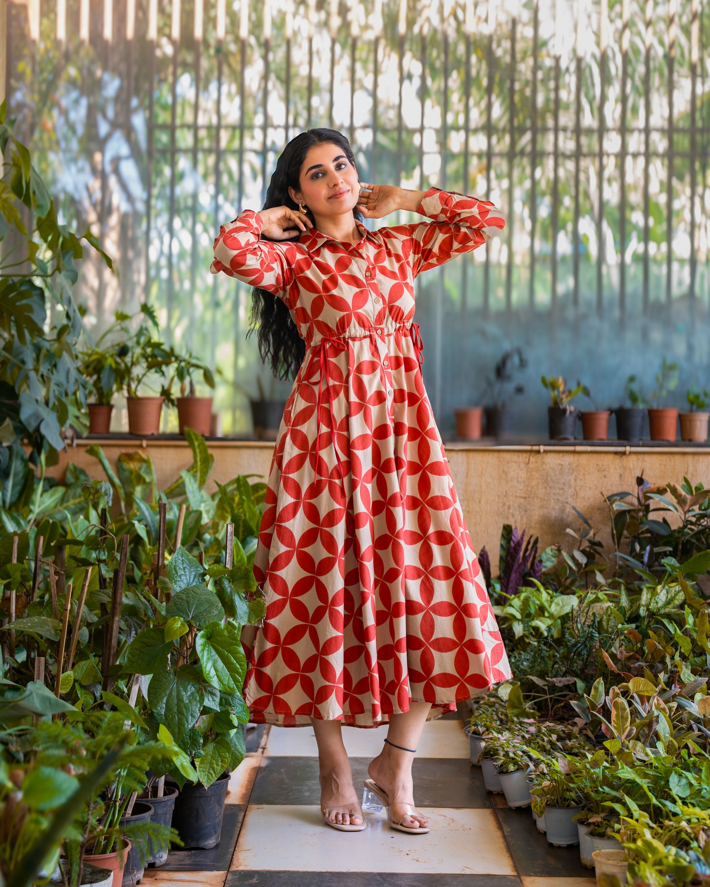 Blair Red Button-down Circular Midi Dress