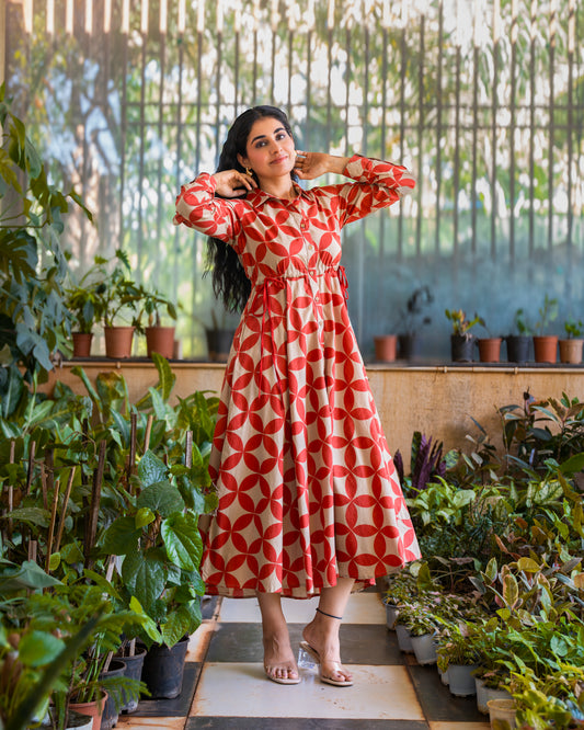 Blair Red Button-down Circular Midi Dress