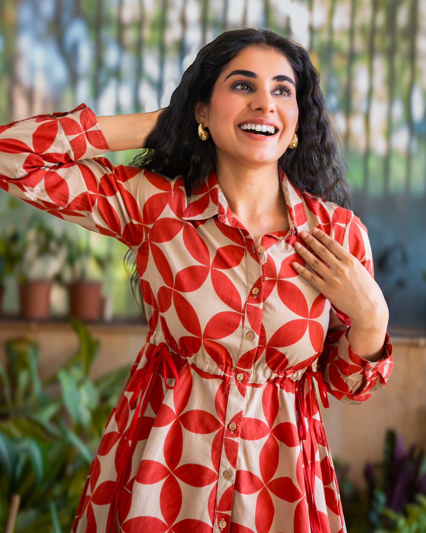 Blair Red Button-down Circular Midi Dress
