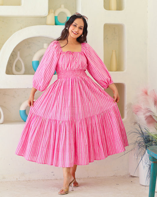 Sydney Pink Striped Cotton Tiered Midi Dress