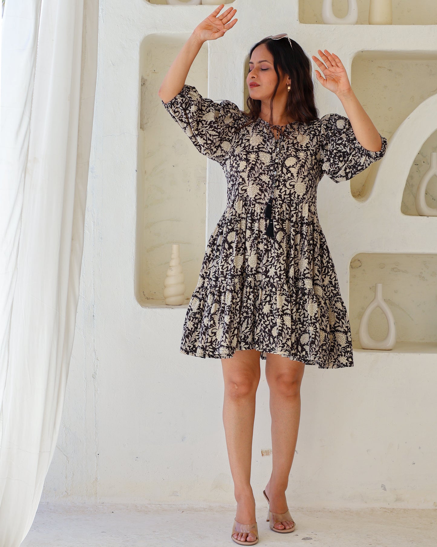 Vivian Black Puff Sleeves HandBlock Print Cotton Short Dress