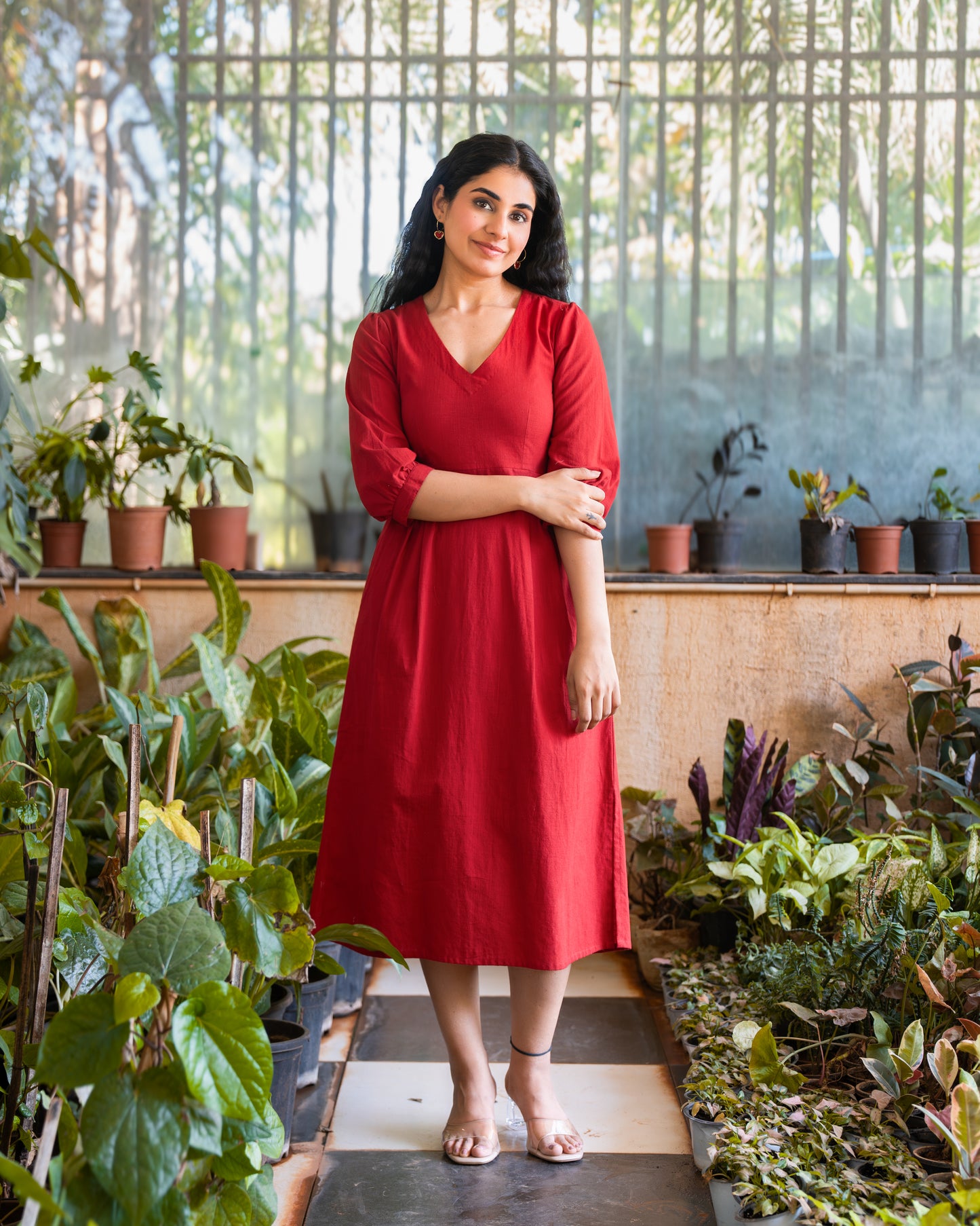 Emma Red Cotton Midi Dress