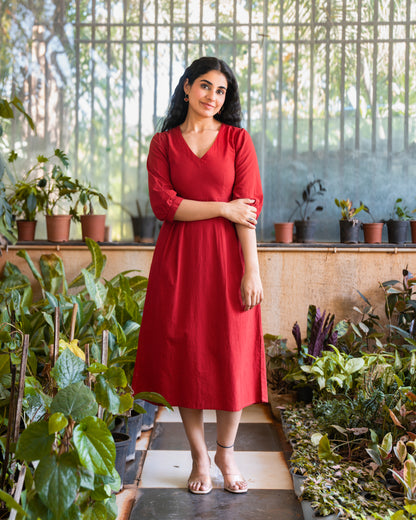 Emma Red Cotton Midi Dress
