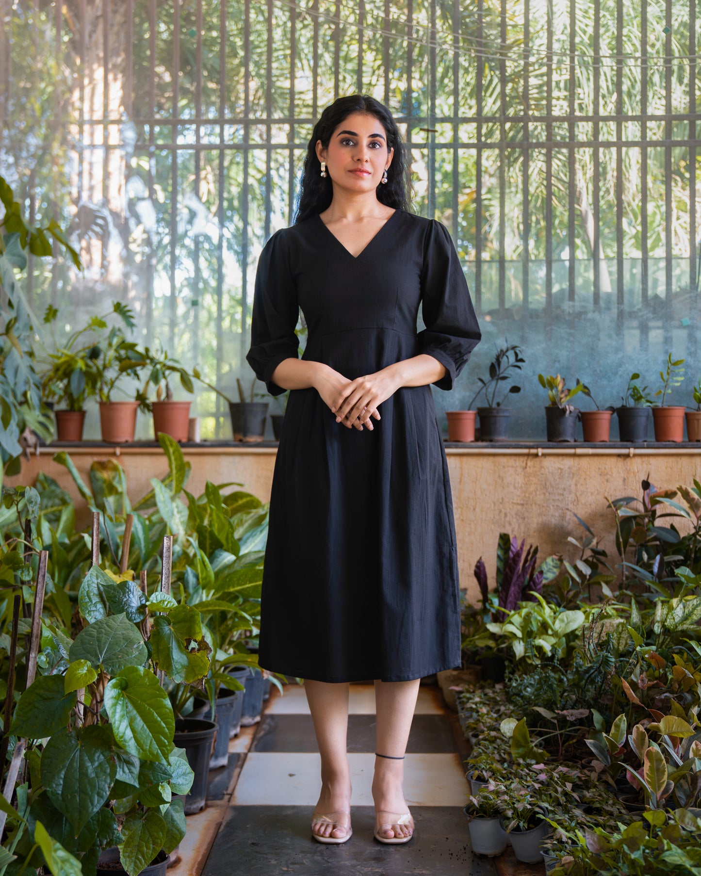 Marina Black Cotton Midi Dress