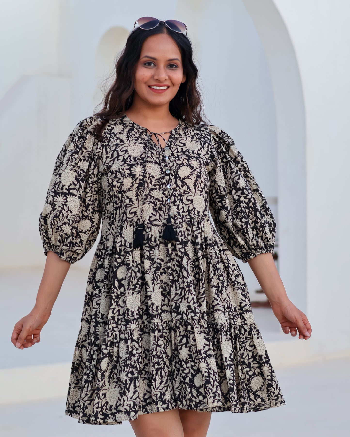 Vivian Black Puff Sleeves HandBlock Print Cotton Short Dress