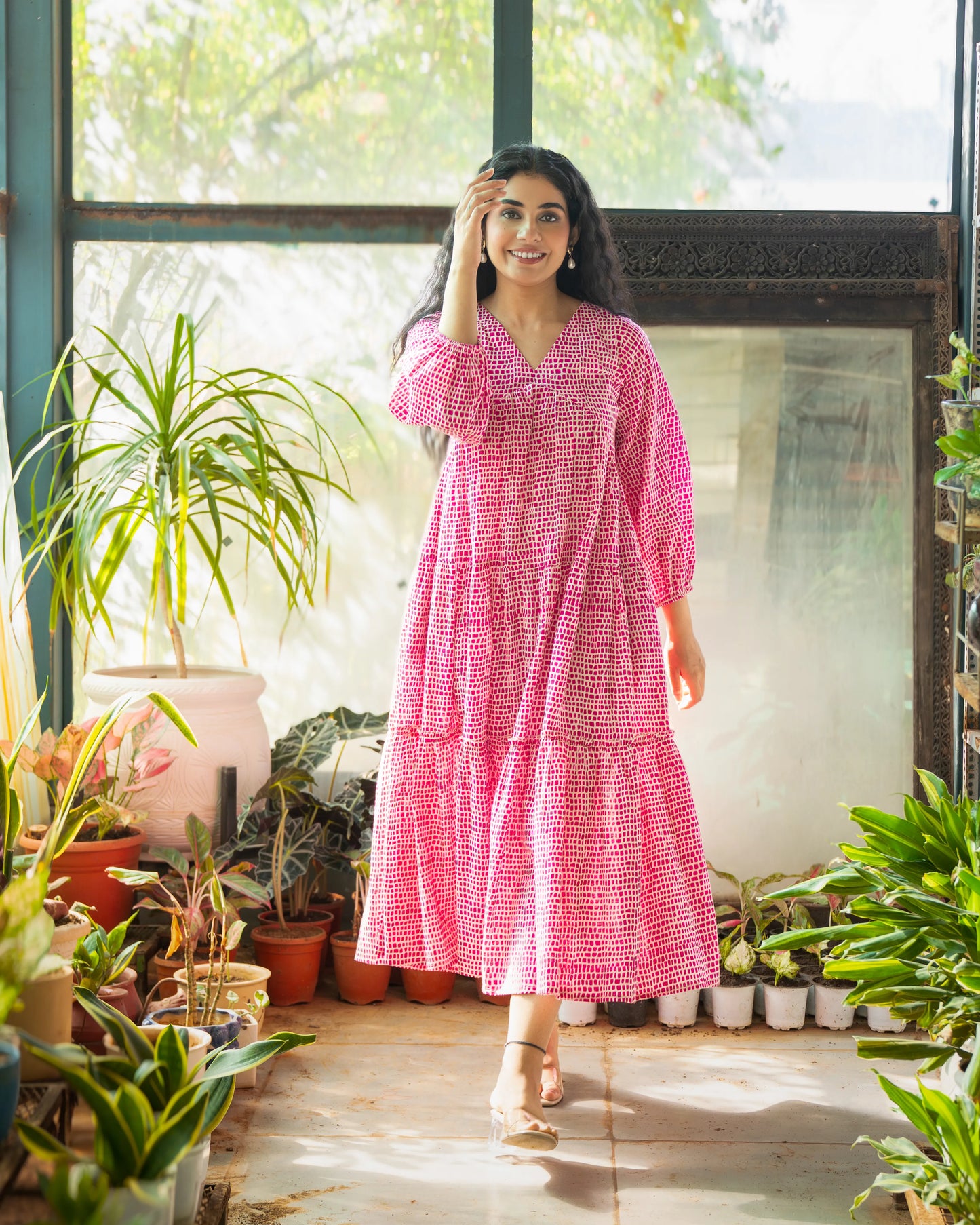 Rosette Pink Cotton Midi Dress