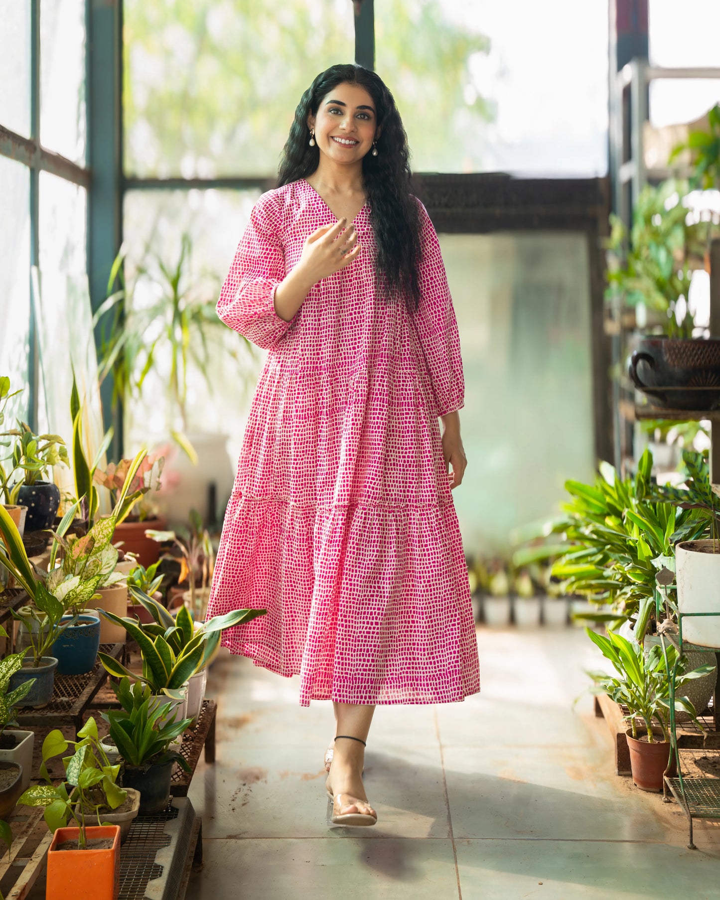 Rosette Pink Cotton Midi Dress