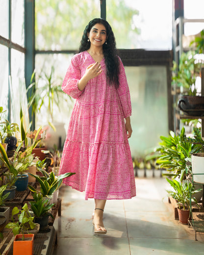 Rosette Pink Cotton Midi Dress
