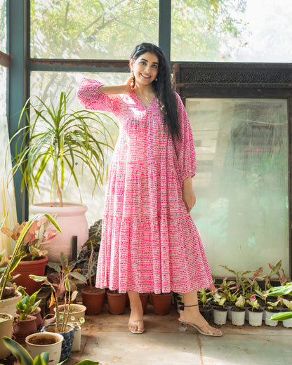 Rosette Pink Cotton Midi Dress