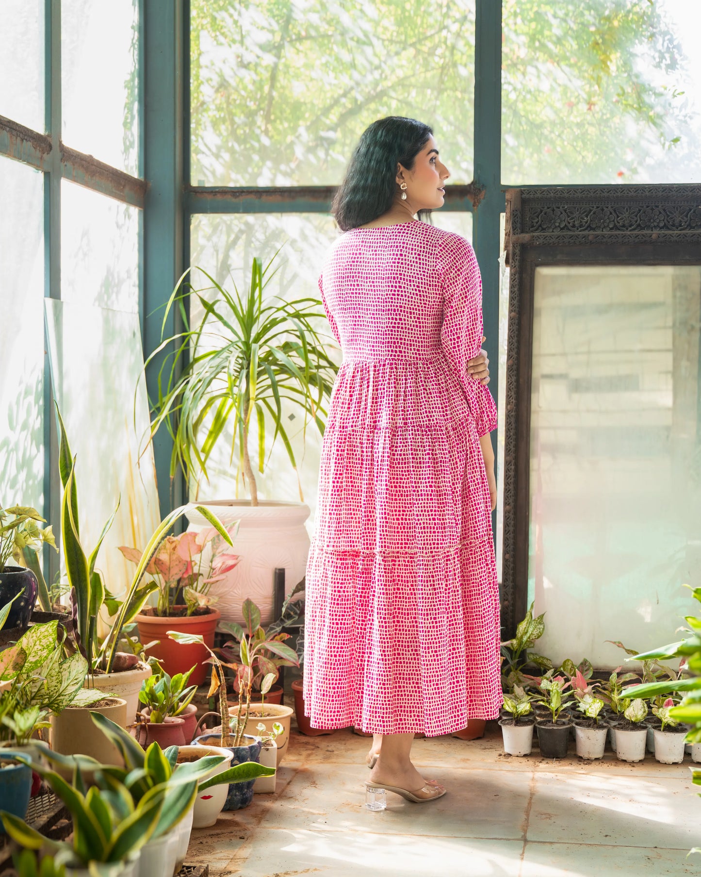 Rosette Pink Cotton Midi Dress