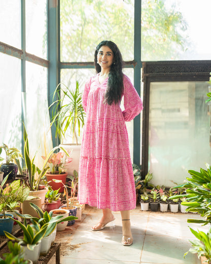Rosette Pink Cotton Midi Dress