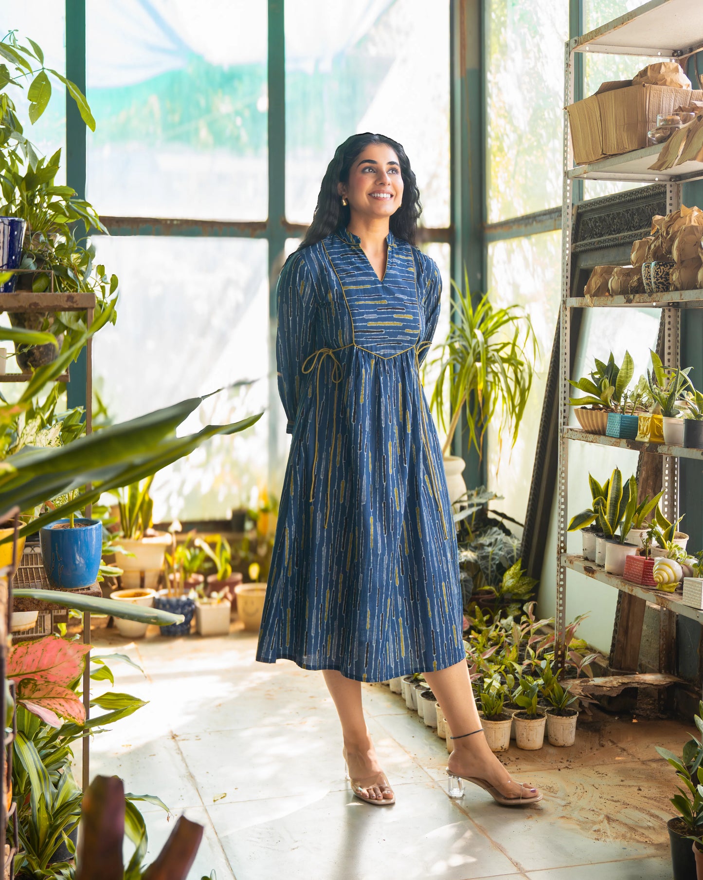 Skye Blue Tie-up Fit and Flare A-line Midi Dress