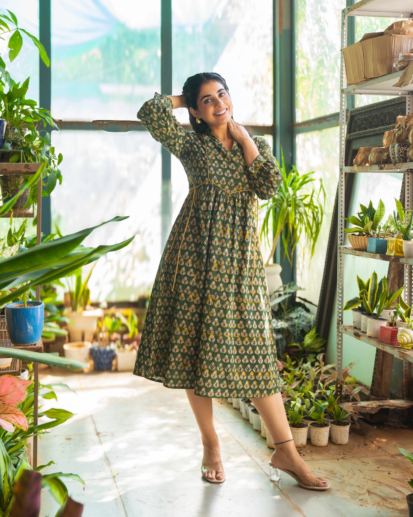 Meher Green Tie-up Fit and Flare A-line Midi Dress