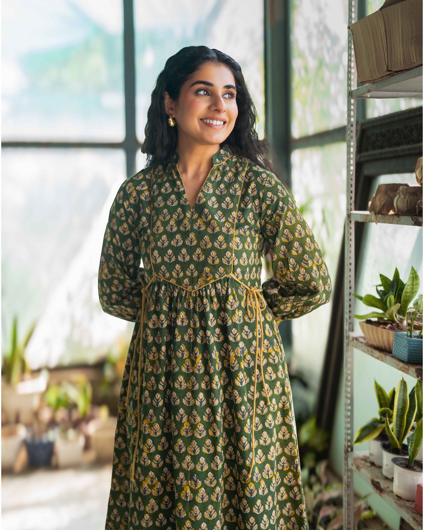 Meher Green Tie-up Fit and Flare A-line Midi Dress