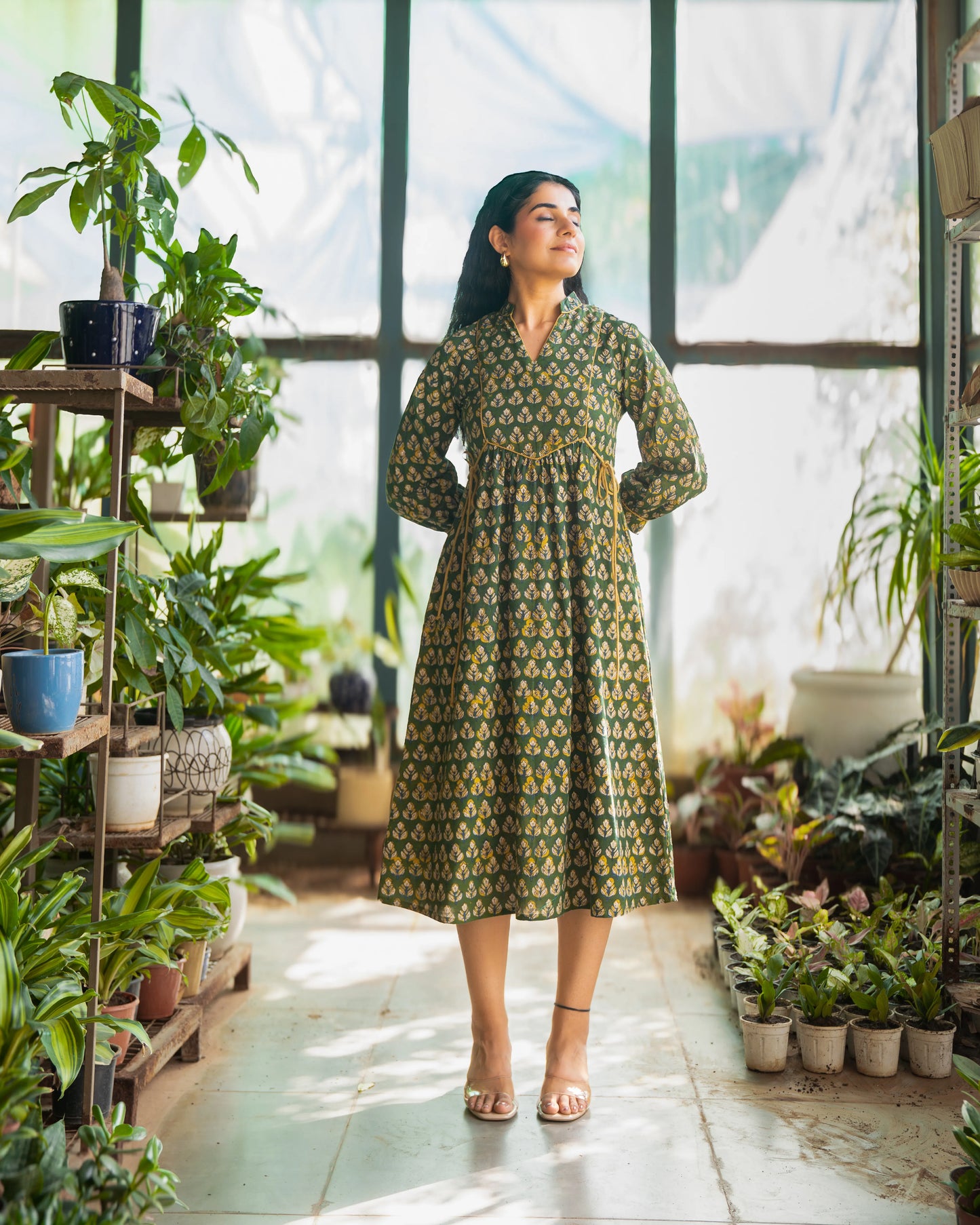 Meher Green Tie-up Fit and Flare A-line Midi Dress