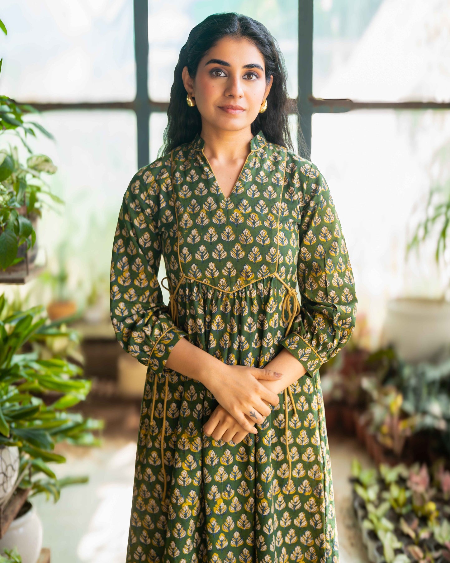 Meher Green Tie-up Fit and Flare A-line Midi Dress