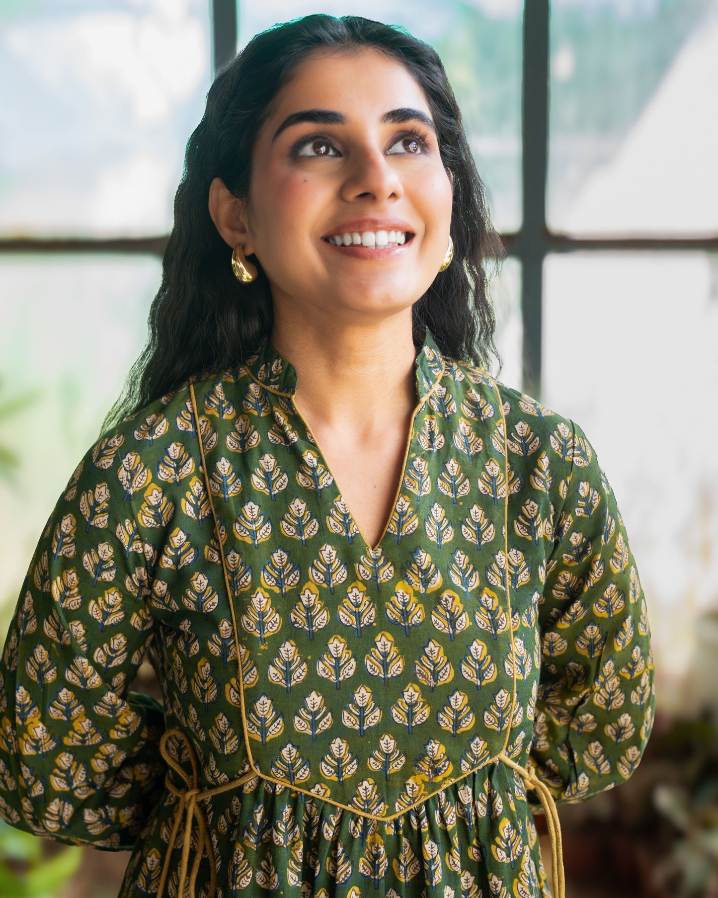 Meher Green Tie-up Fit and Flare A-line Midi Dress