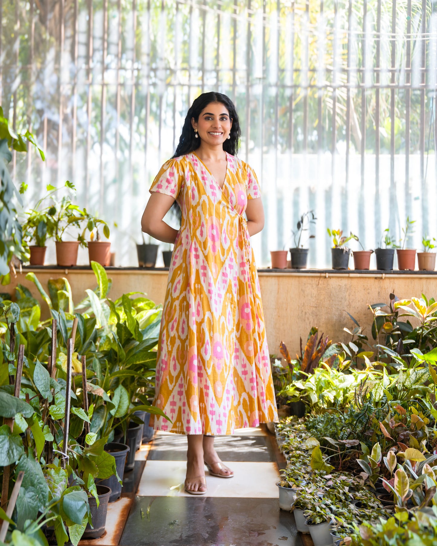 Bay Yellow Ikat Print Cotton Wrap Dress