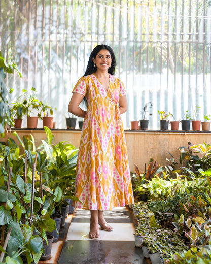 Bay Yellow Ikat Print Cotton Wrap Dress
