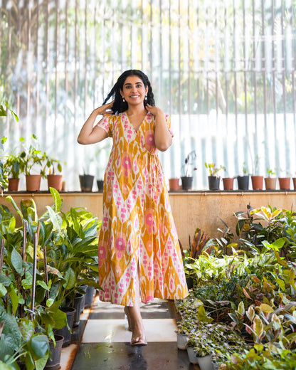 Bay Yellow Ikat Print Cotton Wrap Dress