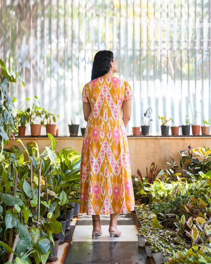 Bay Yellow Ikat Print Cotton Wrap Dress