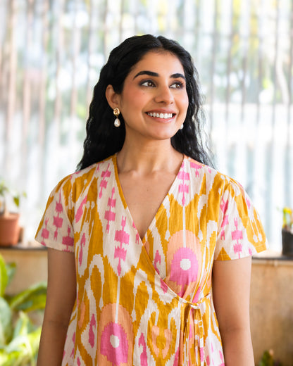 Bay Yellow Ikat Print Cotton Wrap Dress