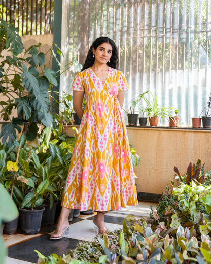 Bay Yellow Ikat Print Cotton Wrap Dress