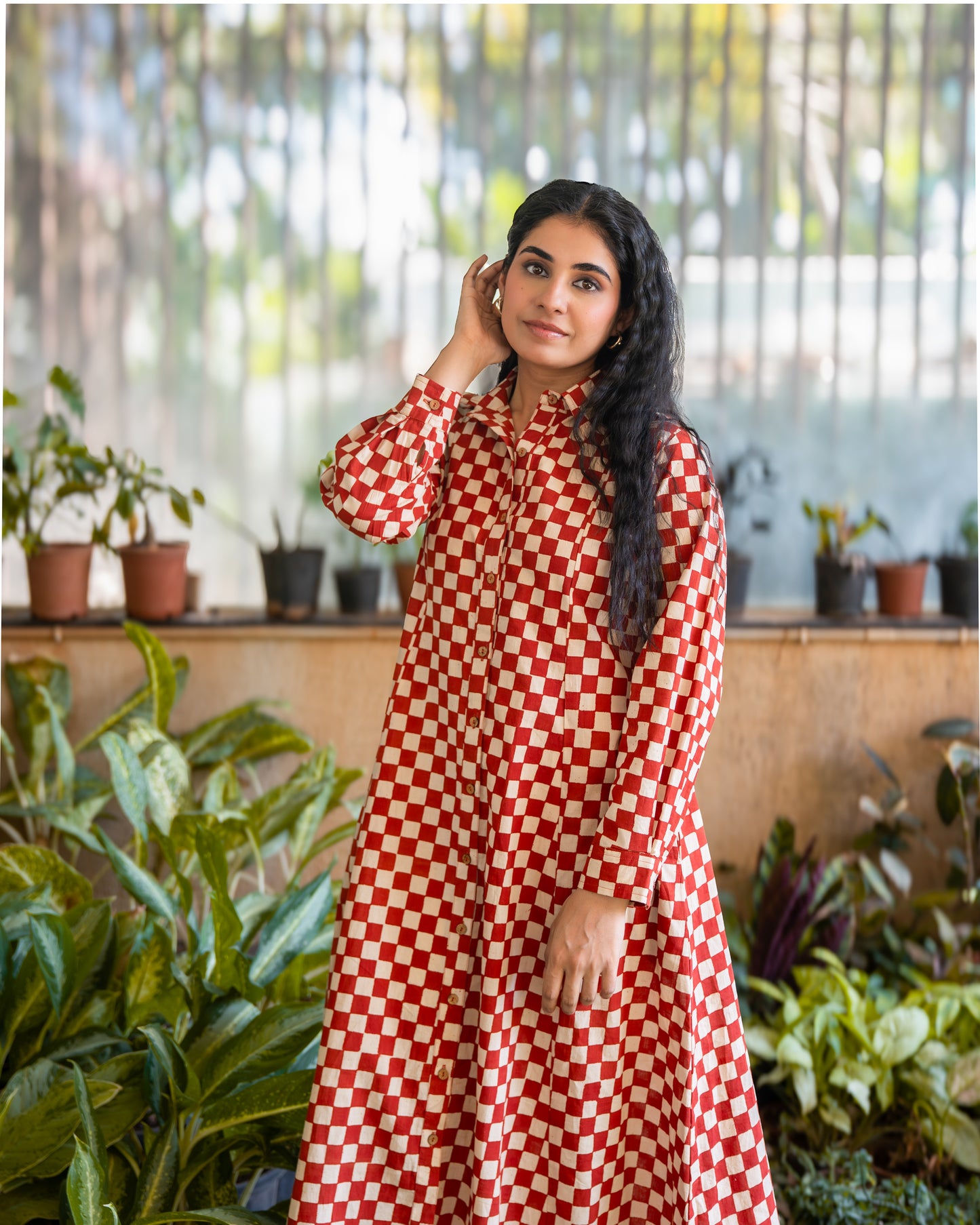 Lumi HandBlock Checkered Print Midi Shirt Dress