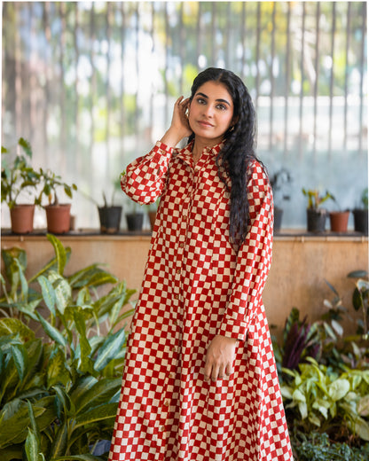 Lumi HandBlock Checkered Print Midi Shirt Dress