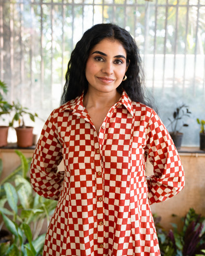 Lumi HandBlock Checkered Print Midi Shirt Dress