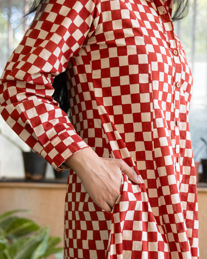 Lumi HandBlock Checkered Print Midi Shirt Dress