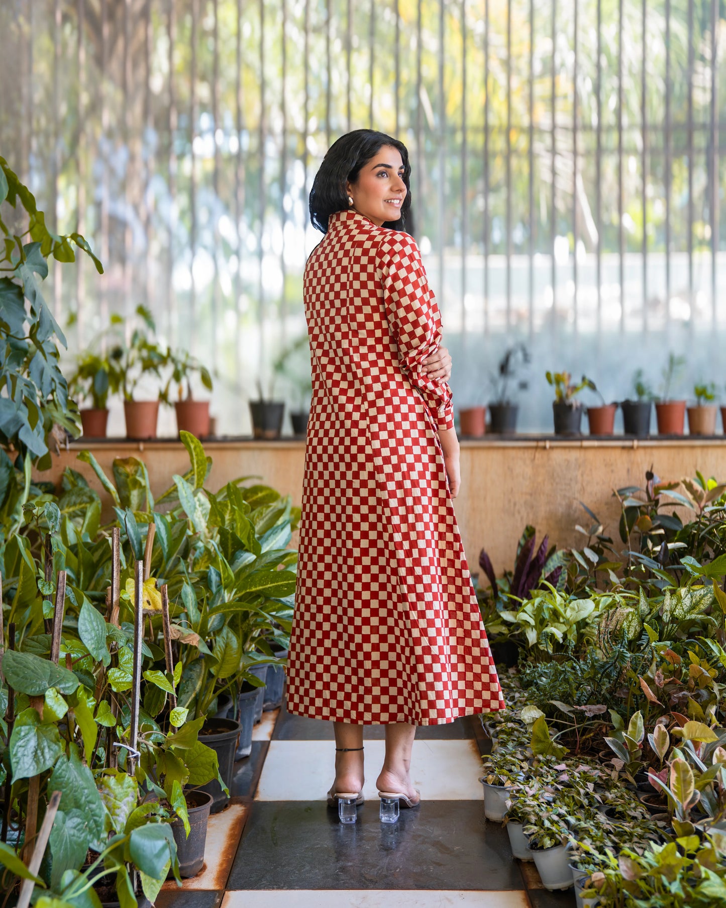 Lumi HandBlock Checkered Print Midi Shirt Dress