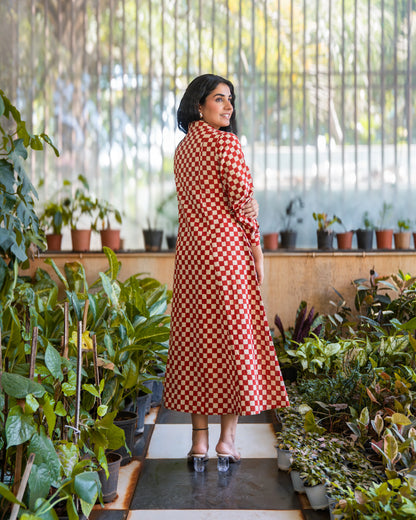 Lumi HandBlock Checkered Print Midi Shirt Dress
