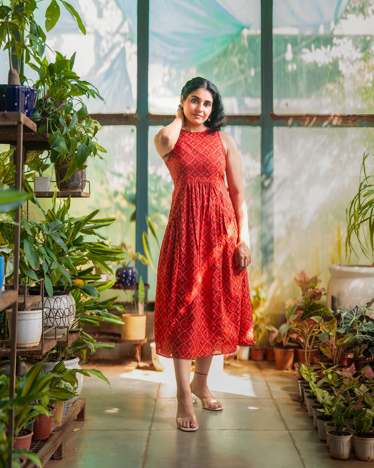 Hailey Red Cotton Midi Dress
