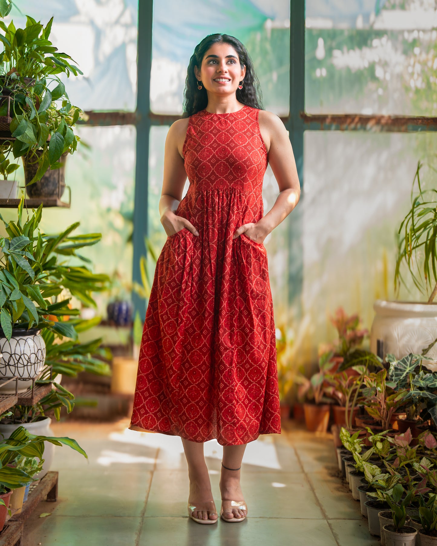 Hailey Red Cotton Midi Dress