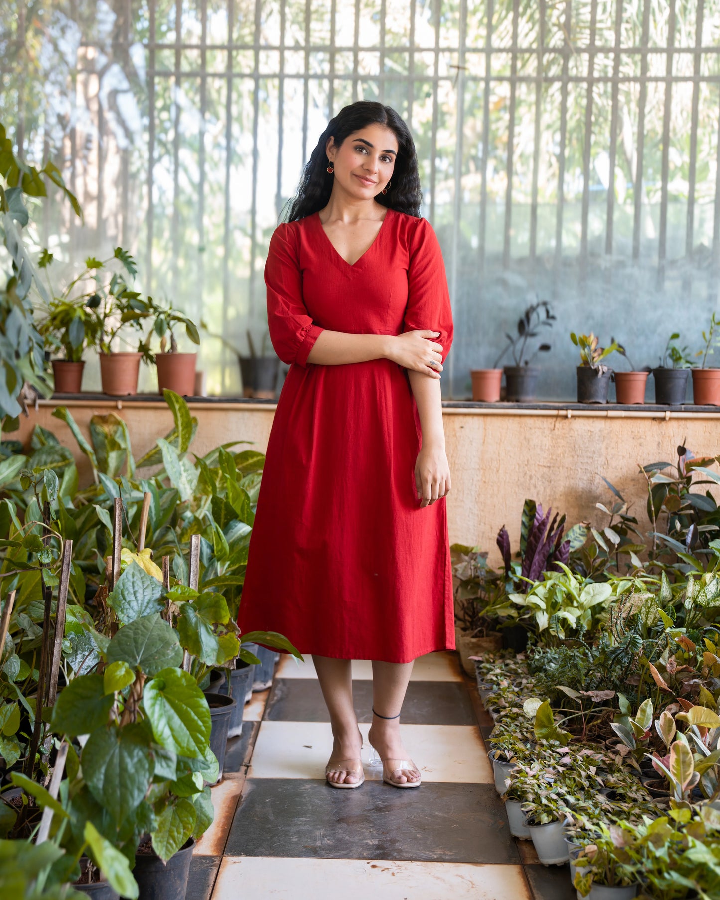Emma Red Cotton Midi Dress