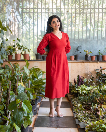 Emma Red Cotton Midi Dress