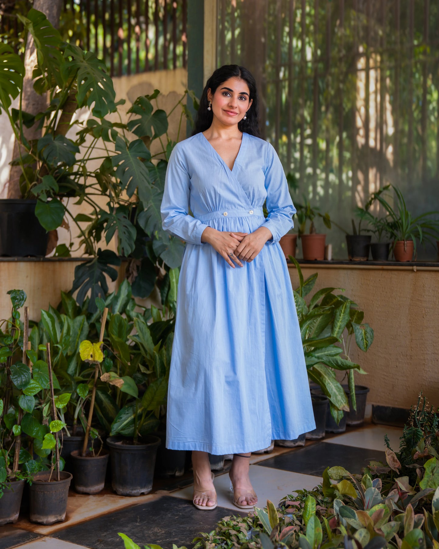 Eloise Blue Fit and Flare Slub Cotton Wrap Dress