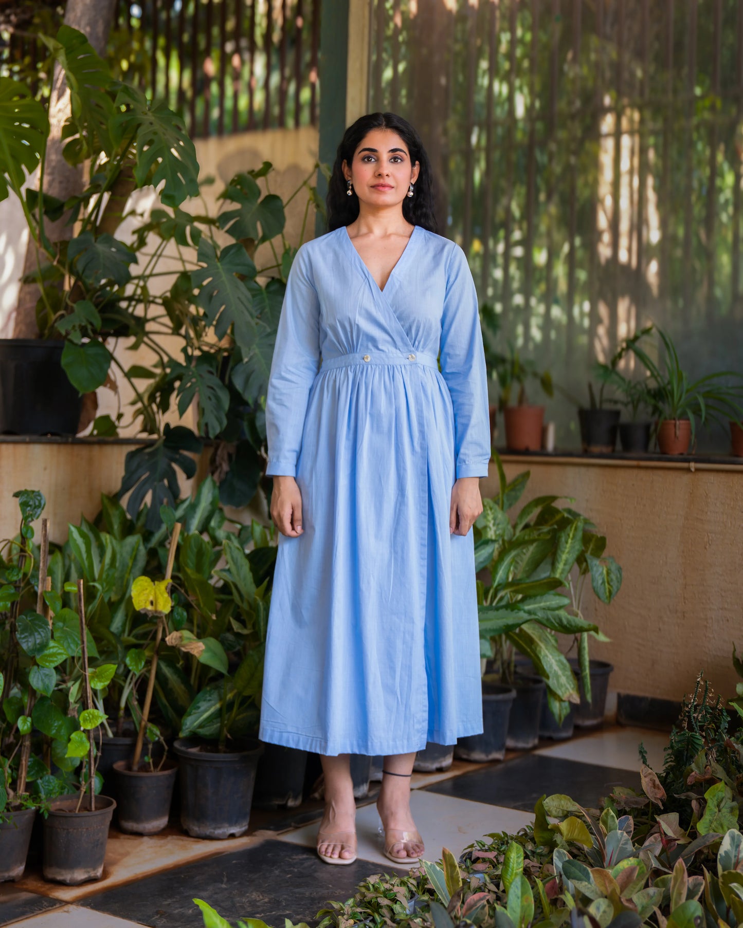 Eloise Blue Fit and Flare Slub Cotton Wrap Dress