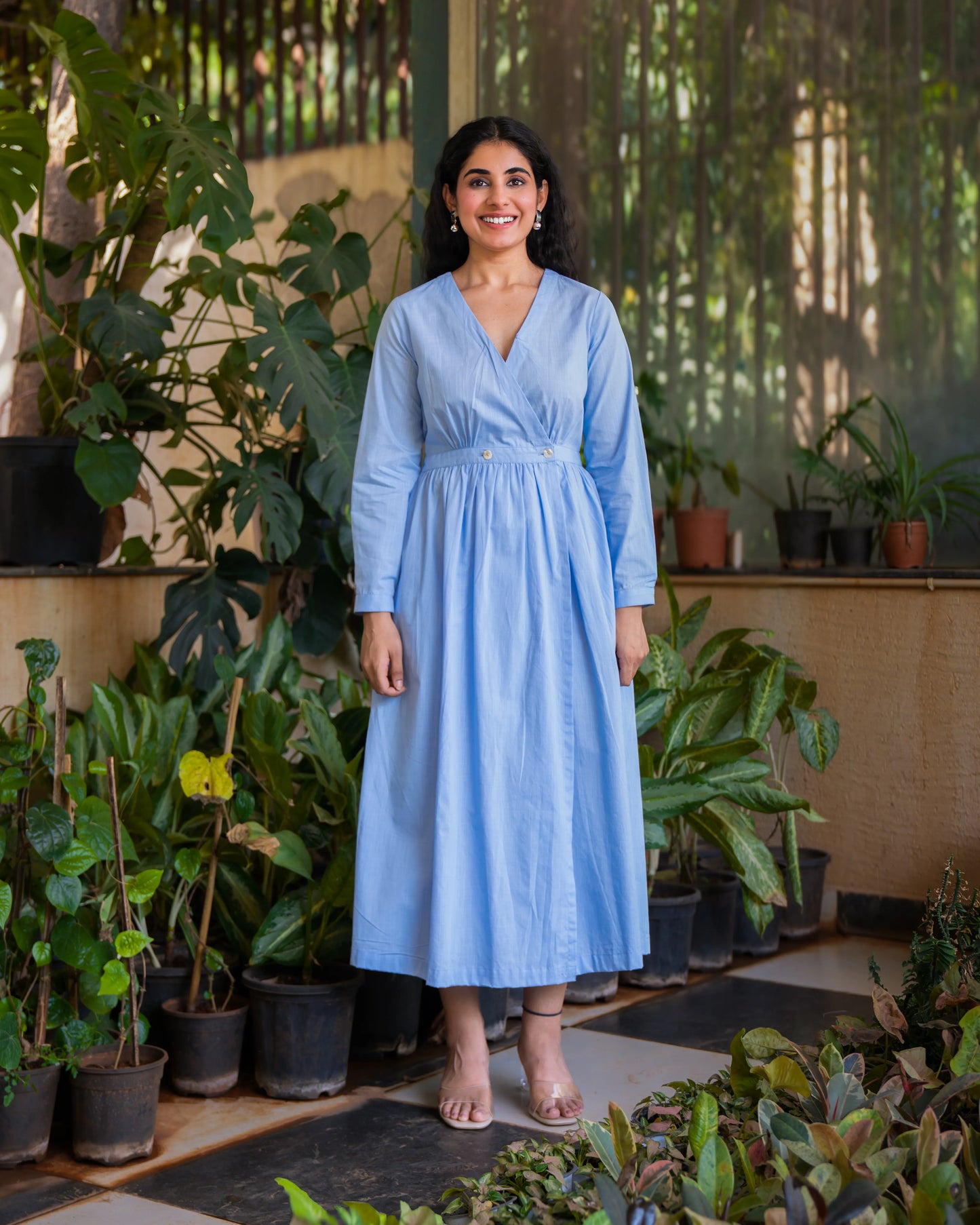 Eloise Blue Fit and Flare Slub Cotton Wrap Dress