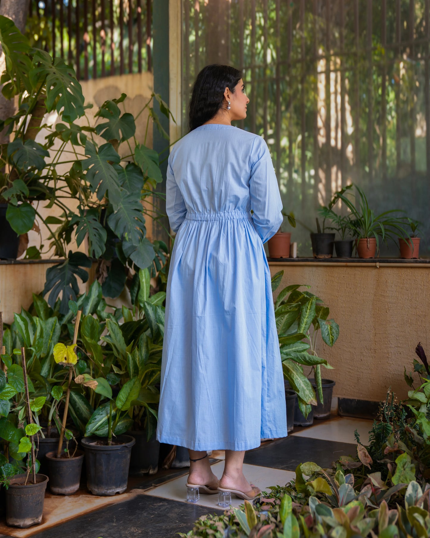 Eloise Blue Fit and Flare Slub Cotton Wrap Dress