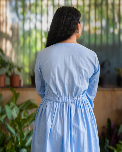 Eloise Blue Fit and Flare Slub Cotton Wrap Dress