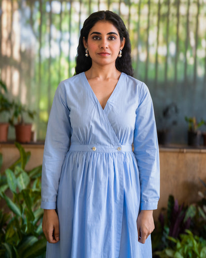 Eloise Blue Fit and Flare Slub Cotton Wrap Dress