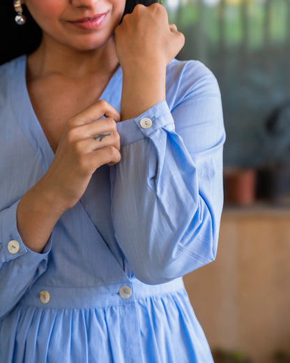 Eloise Blue Fit and Flare Slub Cotton Wrap Dress